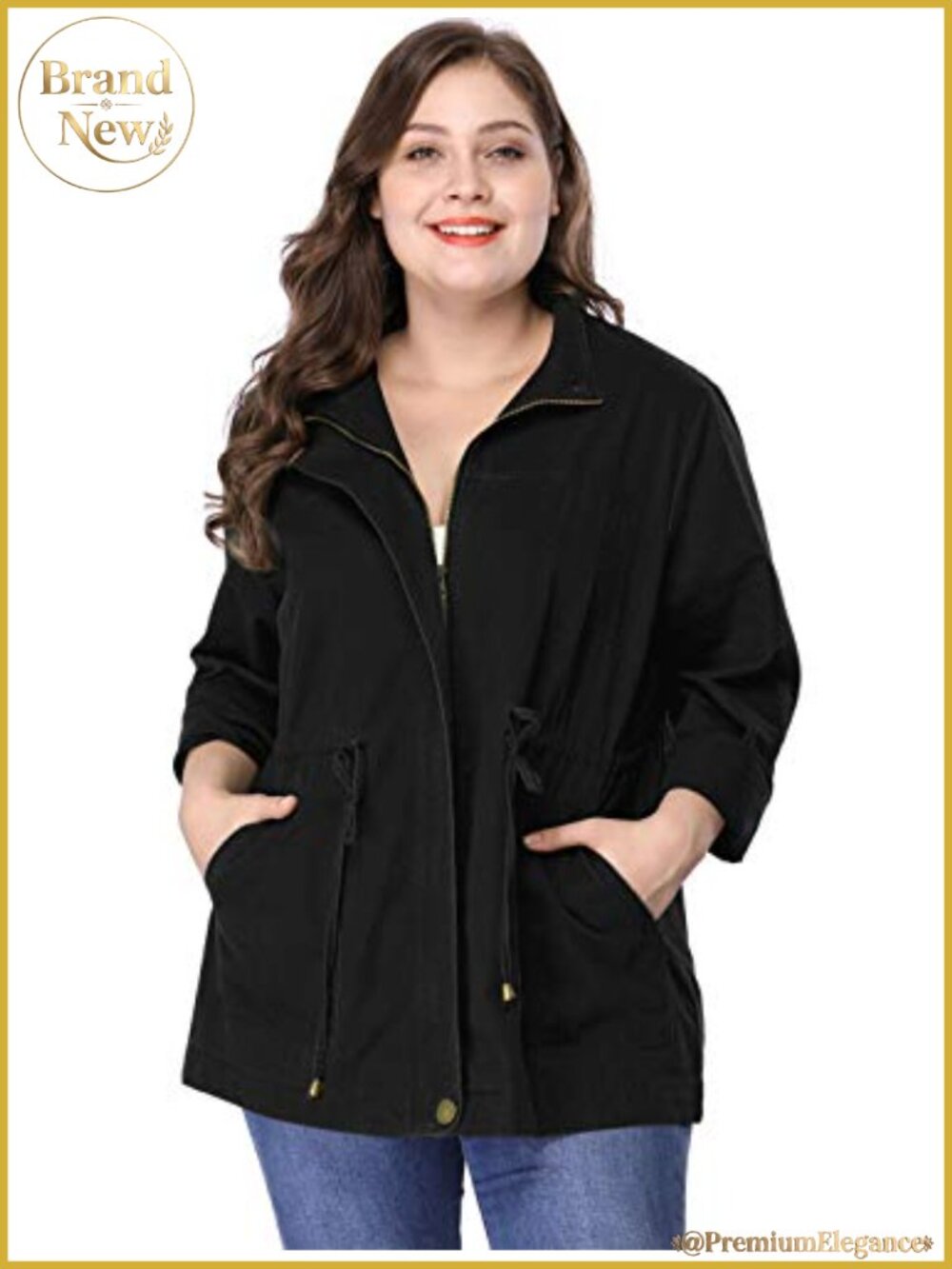 Plus Size Anorak Jacket Casual Utility Drawstring Cotton Zip Up